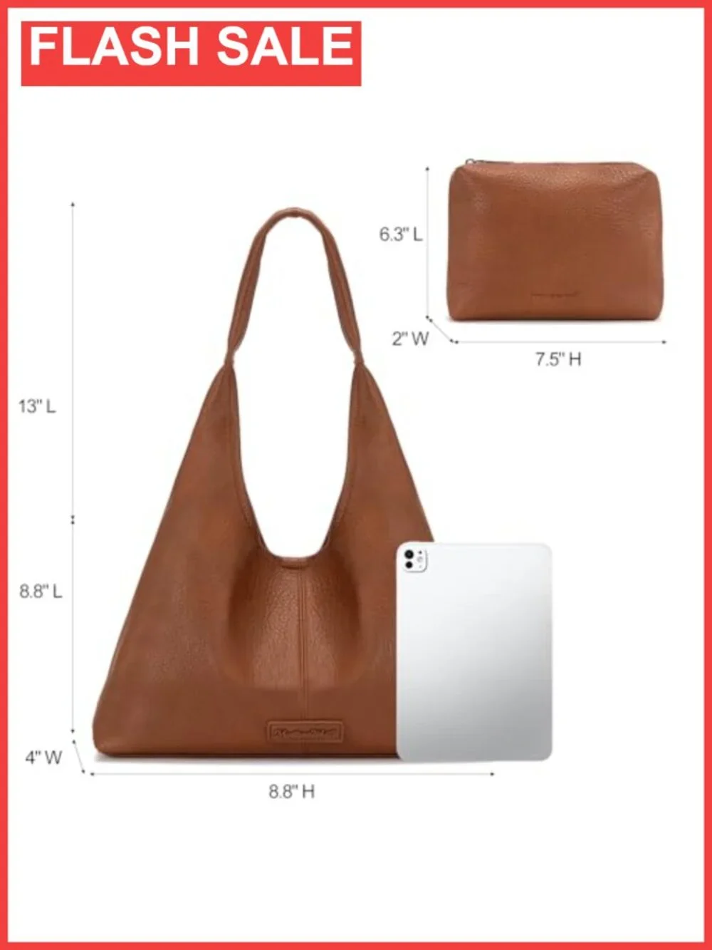 Soft PU Leather Slouchy Hobo Shoulder Bag Tote with Pouch